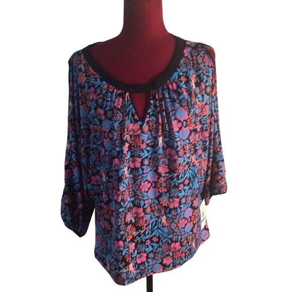 NWT ECI Blue Floral cold shoulder Blouse sz Large - Picture 1 of 8